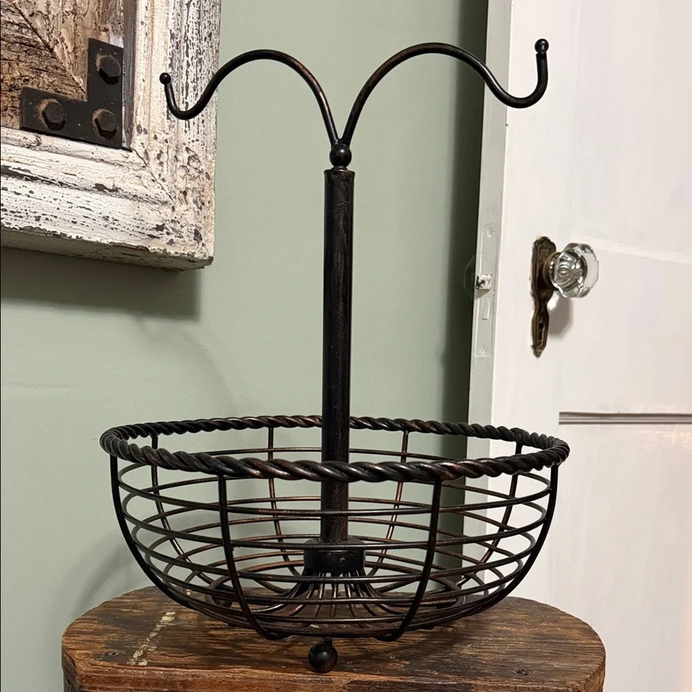 Rustic Twisted Metal Fruit Basket Stand w/ Banana Hanger - Brown/Copper